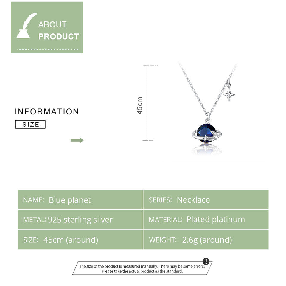 925 Sterling Silver Dreamlike Blue Planet Pendant Necklace Fashion Jewelry For Women