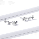 Genuine 925 Sterling Silver Three Butterfly Insect Long Stud Earrings for Women Push Back Ear Pins Studs Jewelry