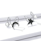 925 Sterling Silver Moon And Star Clips Earrings With Black Stone Precious Jewelry For Women