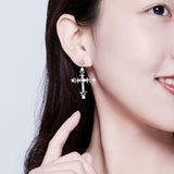 S925 Sterling silver Cross Pearl Tassel Stud Earring Dangle Drop Earring