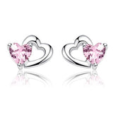 925 Sterling Silver Pink Zircon Heart Stud Earrings