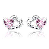  Silver Pink Zircon Heart Stud Earrings