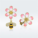 925 Sterling Silver Plated Gold Zircon Bee Flower Stud Earrings