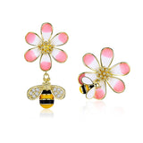 Silver Bee Flower Stud Earrings
