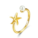 Shell Pearl Finger Rings for Girlfriend Adjustable Band 925 Sterling Silver Vintage Jewelry