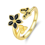 925 Sterling Silver Black Enamel Flower and Butterfly Open Finger Ring Women Gold Color Plated Engagement Jewelry