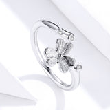 S925 sterling silver three leaf grass ring white gold plated zircon brushed ring