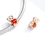925 Sterling Silver Cute Red Heart Love Bear Beads Charm Precious Jewelry For Women