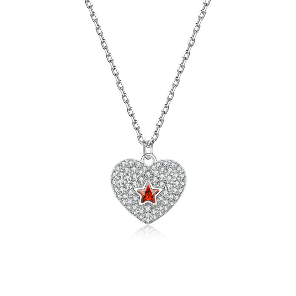 925 Sterling Silver Shining Red Star Heart Pendant Necklace Fashion Jewelry For Women