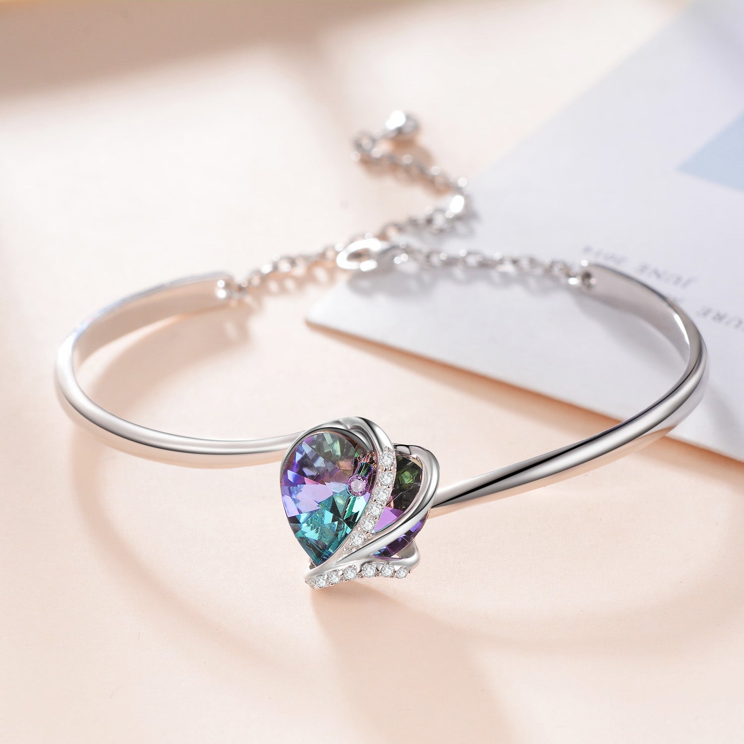 Heart Shape Gemstone Bracelet Cubic Zirconia Twine Silver Bracelet