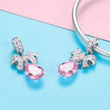S925 Sterling Silver White Gold Plated Zircon Pink Ribbon Bow Dangle Charms