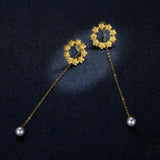 Genuine 925 Sterling Silver Sun Flower Long Beads Drop Earrings For Women