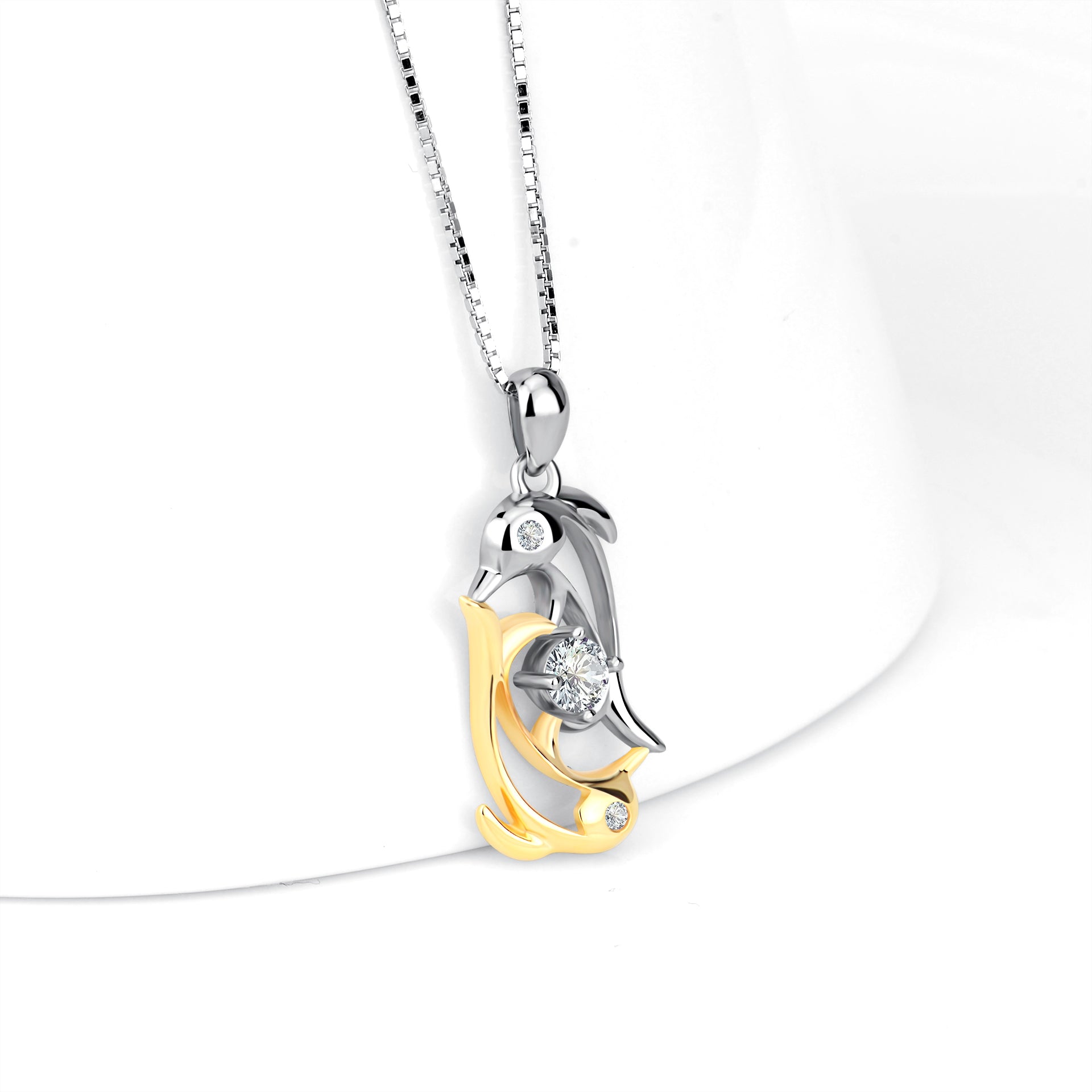 Double Dolphin Hug Zirconia Necklace Animal Jewelry New Necklace