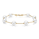 14K Real Yellow Gold Bar Link Tin Cup White Freshwater Cultured Pearl 7.5MM Bracelet For Women
