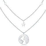 S925 Sterling Silver Layered Choker Necklace Disc World Map Star Pendant Necklaces  for Women Teens