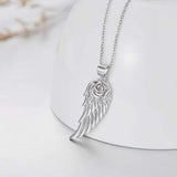 925 Sterling Silver Roses Flower Guardian Angel Wings Pendant Necklace for Women