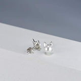 Sterling Silver Freshwater Pearl Cat Stud Earrings Animal Earrings Tiny Small Single Pearl Fine Jewelry for Women