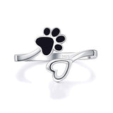 Silver Ring Paw Print Love Heart Open Adjustable Ring