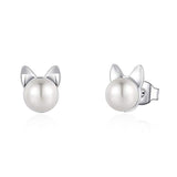 Silver Freshwater Pearl Cat Stud Earrings 