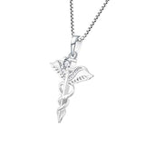 Necklace 925 Sterling Silver Caduceus Necklace Angel Wing Pendant Polished Women Men Jewelry