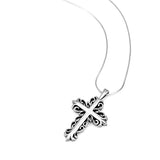 925 Oxidized Sterling Silver Fleur De Lis Filigree Design Cross Unisex Pendant Necklace, 18 inches