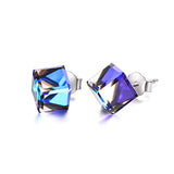 Silver Cube Stud Earrings with Blue Aurora Crystals from Swarovski