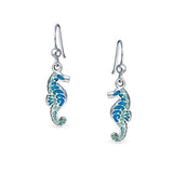 Nautical Blue Green Enamel Tropical Beach Seahorse Dangle Earrings For Women Fish Wire 925 Sterling Silver