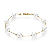 14K Real Yellow Gold Bar Link Tin Cup White Freshwater Cultured Pearl 7.5MM Bracelet For Women