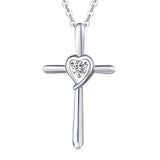 Silver Cubic Zirconia Love heart Cross Pendant Necklace