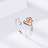Rose Ring for Women S925 Sterling Silver  Rose Gold Flower with Leaves Cubic Zirconia Wrap Spoon Ring