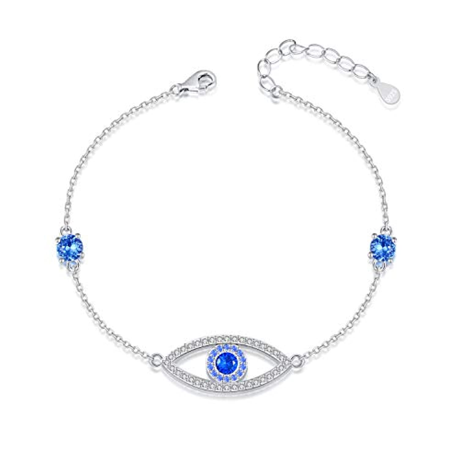 Silver Evil Eye  sapphire blue sparkling cubic zirconia Adjustable Ankle Bracelet