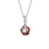 Tile Carved Red Rose Flower Pendant Necklace For Women For Teen 925 Sterling Silver