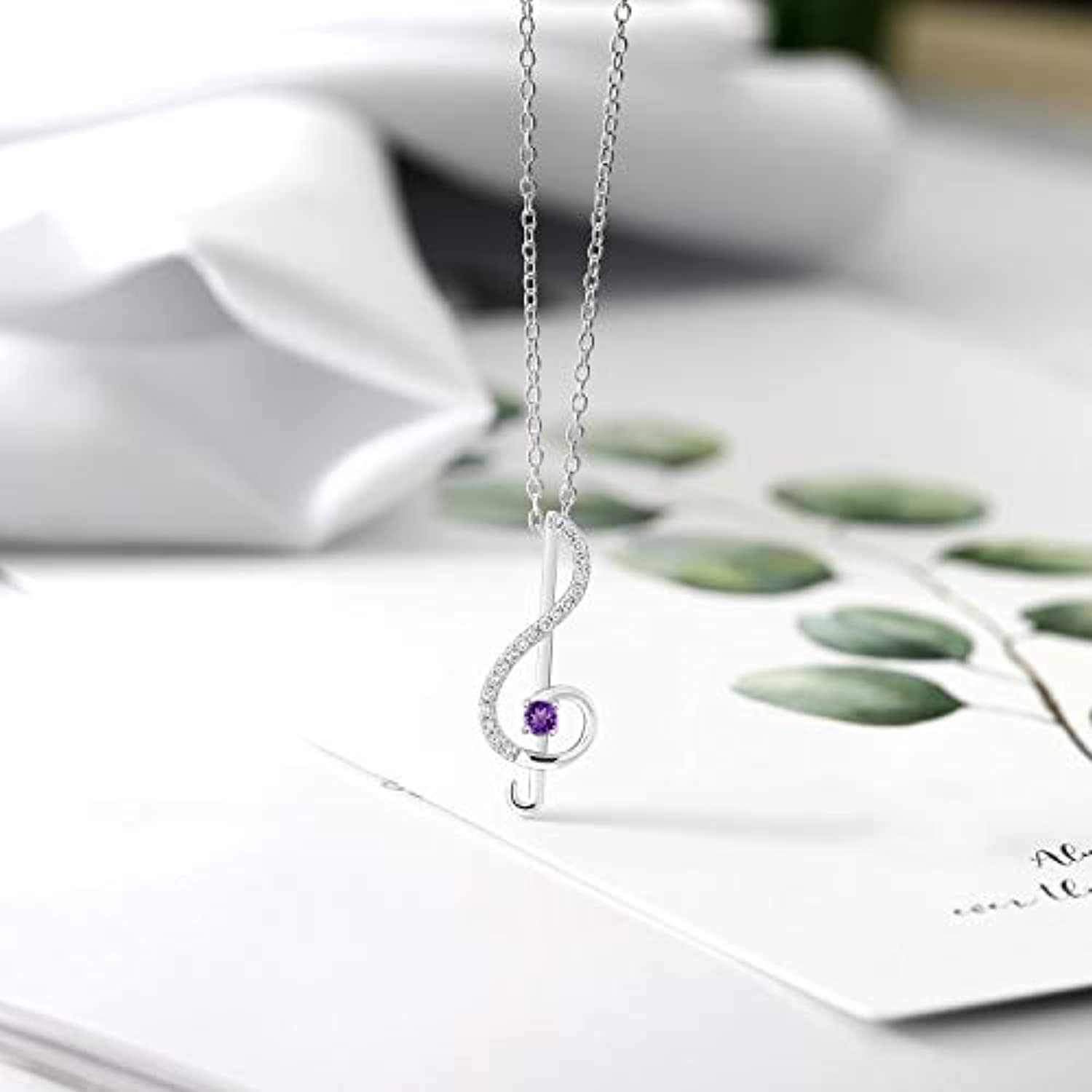 Keren Hanan Inspired by Music 925 Sterling Silver Treble Clef Pendant Necklace For Women Set with Purple Amethyst and White Zirconia  with 18 Inch Silver Chain