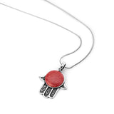 925 Sterling Silver Hamsa Hand of Fatima Red Bamboo Color Amulet Pendant Necklace