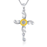 Silver Sunflower Cross Pendant Necklace
