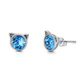 Silver Cute Cat  Animal Stud Earrings with Swarovski Crystals