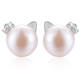 925 Sterling Silver Cat Stud Earrings Natural Freshwater White Pearl Earrings Cute Cat Hypoallergenic Earrings for Women and Girls