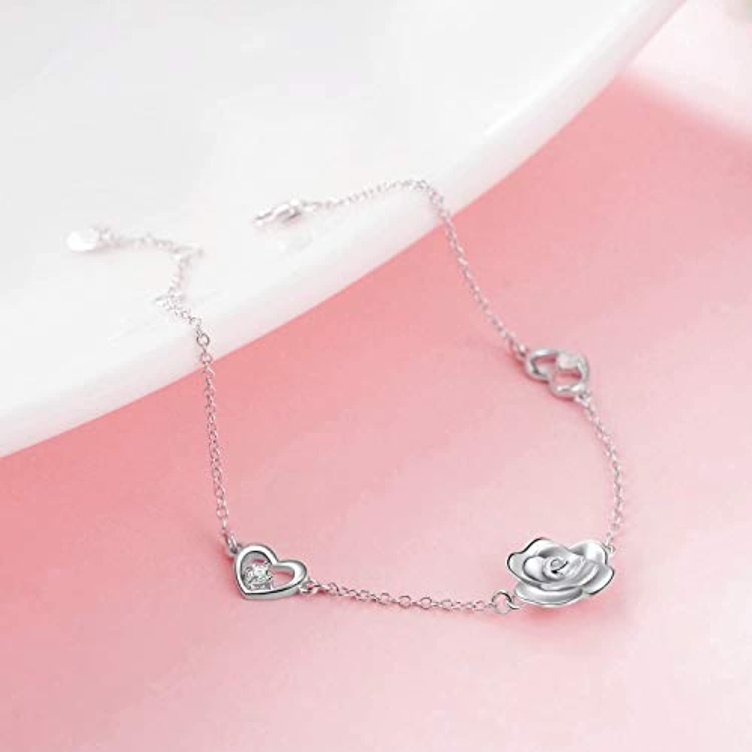 Rose Braceltes Sterling Silver Adjustable Rose Flower Love Heart Chain Link Bracelets Gifts for Women Teen Girls