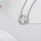 Horseshoe Pendant Necklace Jewelry Gifts for Women Girls Silver Lucky Horse Cross Necklace Embrace Horse Necklace for Cowgirls Equestrian Birthday Mother's Day Gift