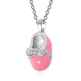 Shoe Charm Pendant Necklace Gift For New Mother Women Pink Enamel Bow Engravable CZ 925 Sterling Silver