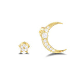 14K Yellow Gold Plated 925 Sterling Silver Cubic Zirconia CZ Crescent Moon and Star Dainty Small Tiny Asymmetric Stud Earrings Jewelry