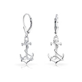 Tropical Nautical Leverback Boat Anchor Rope Drop Dangle Earrings For Women 925 Sterling Silver