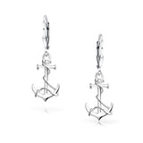Tropical Nautical Leverback Boat Anchor Rope Drop Dangle Earrings For Women 925 Sterling Silver