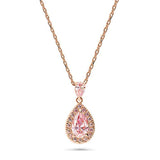 Rose Gold Flashed Sterling Silver Halo Anniversary Wedding Pendant Necklace Made with Swarovski Zirconia Morganite Color Pear Cut
