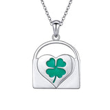 Silver Four Leave Clover Heart Lock Pendant Necklace 