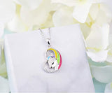 925 Sterling Silver Unicorn Rainbow in Heart Necklace Pendant for Women Girls Gift