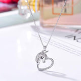 S925 Sterling Silver Unicorn Necklace Heart CZ Animal Pendant Jewelry  for Women