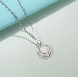 Sterling Silver White Opal Necklace Halo Heart Pendant Cubic Zirconia CZ Fire Opal Fine Jewelry for Women