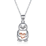 Silver Cute Penguin Hold Rose Gold Plated Heart Pendant Necklace