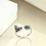 Bee Sunflower Ring Sterling Silver Open Adjustable Flower Cubic Zirconia Rings for Women You are My Sunshine Gifts